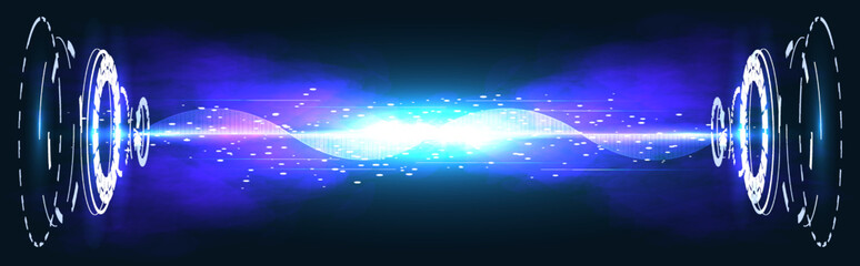 Voice recognition, equalizer, audio recorder. Microphone button with sound wave. Symbol of intelligent technology. Hi-tech AI assistant voice, background wave flow, equalizer.