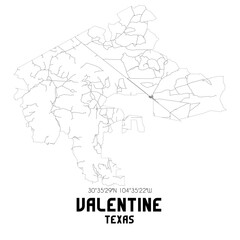 Valentine Texas. US street map with black and white lines.