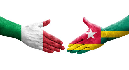 Handshake between Italy and Togo flags painted on hands, isolated transparent image.