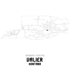 Valier Montana. US street map with black and white lines.