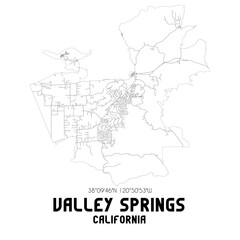 Valley Springs California. US street map with black and white lines.