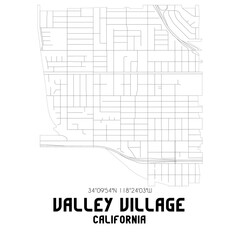 Valley Village California. US street map with black and white lines.