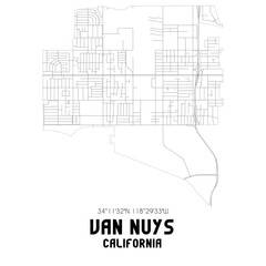 Van Nuys California. US street map with black and white lines.