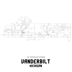 Vanderbilt Michigan. US street map with black and white lines.