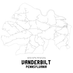 Vanderbilt Pennsylvania. US street map with black and white lines.