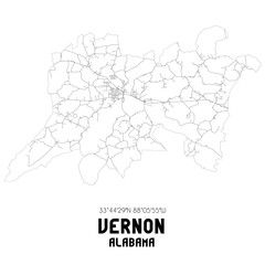 Vernon Alabama. US street map with black and white lines.