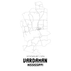 Vardaman Mississippi. US street map with black and white lines.