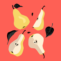 Ripe yellow pear Vector image of sweet fruit with black leaf whole and half in cartoon flat simple style. Color illustration