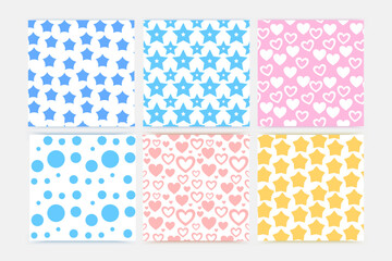 Seamless pattern set geometric texture shapes. Abstract background collection of polka dot style in bright color. Decorative print with mosaic texture