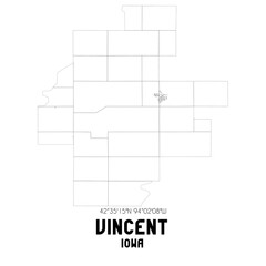 Vincent Iowa. US street map with black and white lines.