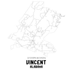 Vincent Alabama. US street map with black and white lines.