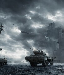 Cold War, 3d illustration. Tank, Army, Military world, soldier, gun