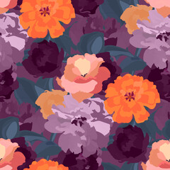 Illustration with burgundy, violet, purple, orange color garden flowers