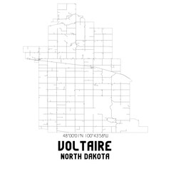Voltaire North Dakota. US street map with black and white lines.
