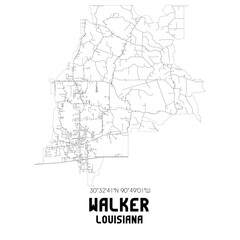 Walker Louisiana. US street map with black and white lines.