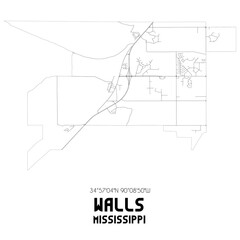 Walls Mississippi. US street map with black and white lines.