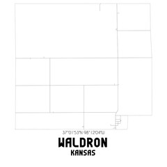 Waldron Kansas. US street map with black and white lines.