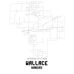 Wallace Kansas. US street map with black and white lines.