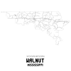 Walnut Mississippi. US street map with black and white lines.