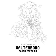 Walterboro South Carolina. US street map with black and white lines.