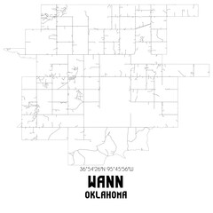 Wann Oklahoma. US street map with black and white lines.