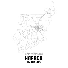 Warren Arkansas. US street map with black and white lines.