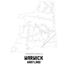 Warwick Maryland. US street map with black and white lines.