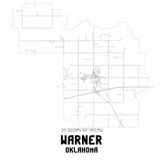Warner Oklahoma. US street map with black and white lines.