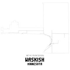 Waskish Minnesota. US street map with black and white lines.