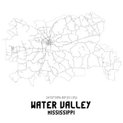 Water Valley Mississippi. US street map with black and white lines.