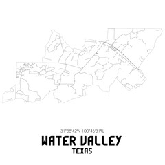 Water Valley Texas. US street map with black and white lines.