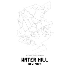 Water Mill New York. US street map with black and white lines.
