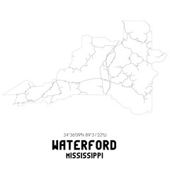 Waterford Mississippi. US street map with black and white lines.