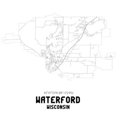 Waterford Wisconsin. US street map with black and white lines.