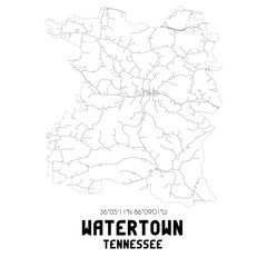 Watertown Tennessee. US street map with black and white lines.
