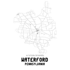Waterford Pennsylvania. US street map with black and white lines.