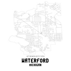 Waterford Michigan. US street map with black and white lines.