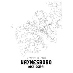 Waynesboro Mississippi. US street map with black and white lines.