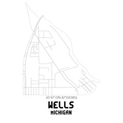 Wells Michigan. US street map with black and white lines.