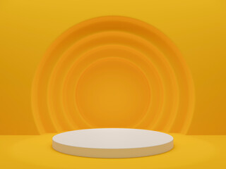 Abstract podium for product presentation with yellow circles and lighting. Empty studio room with white round platform. Podium stage for an award performance by an artist. 3d rendering illustration.