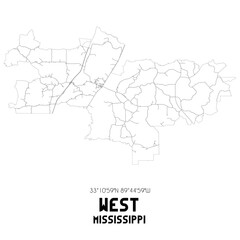 Fototapeta na wymiar West Mississippi. US street map with black and white lines.