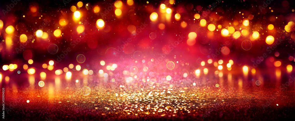 Wall mural red and golden glittering with bokeh lights in abstract defocused background