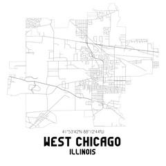 West Chicago Illinois. US street map with black and white lines.