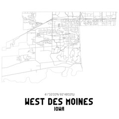 West Des Moines Iowa. US street map with black and white lines.