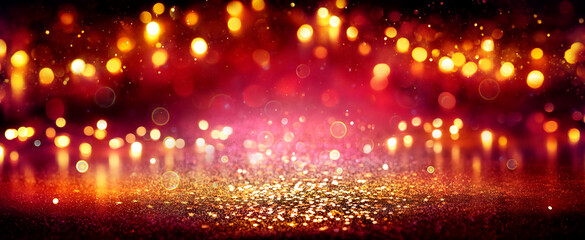 Red And Golden Glittering With Bokeh Lights In Abstract Defocused Background