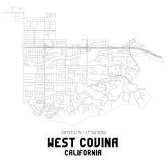 West Covina California. US street map with black and white lines.