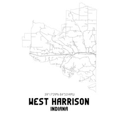 West Harrison Indiana. US street map with black and white lines.