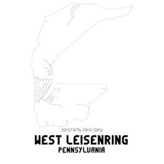 West Leisenring Pennsylvania. US street map with black and white lines.