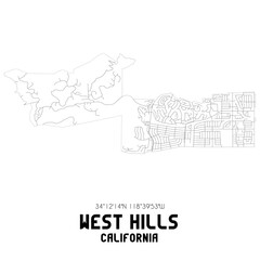 West Hills California. US street map with black and white lines.