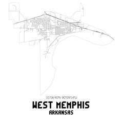 West Memphis Arkansas. US street map with black and white lines.